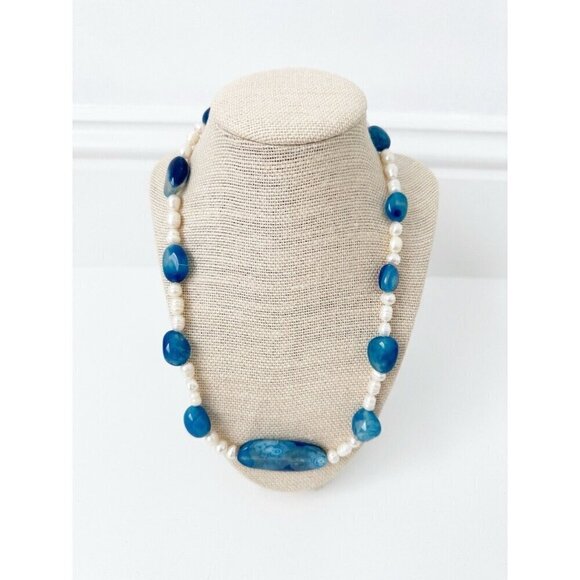NWT Genuine Blue Quartz, Blue Agate & Pearls Necklace Beaded - Picture 1 of 5